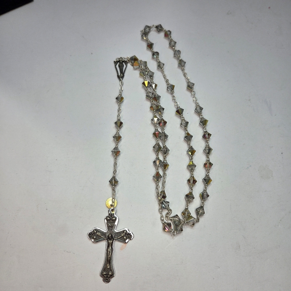 czechoslovackia ab crystal glass rosary religous worship silver crucifix mary